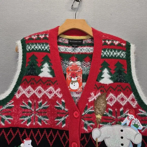Blizzard Bay Red Green Snowman Ugly Christmas Vest S - Picture 3 of 9
